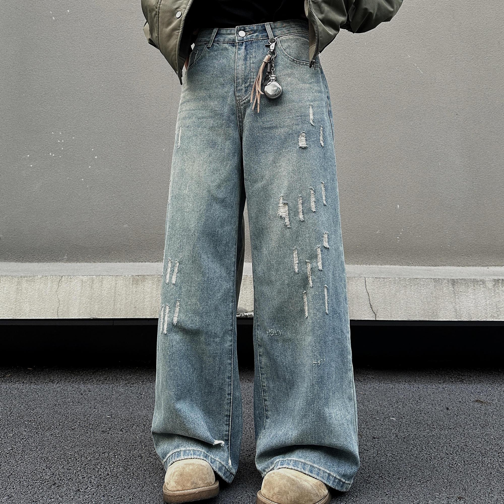 EXTM复古做旧破坏牛仔裤