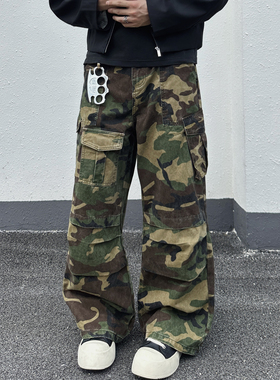 EXTM美式潮牌复古直筒迷彩工装裤男女设计感vintage宽松休闲裤子