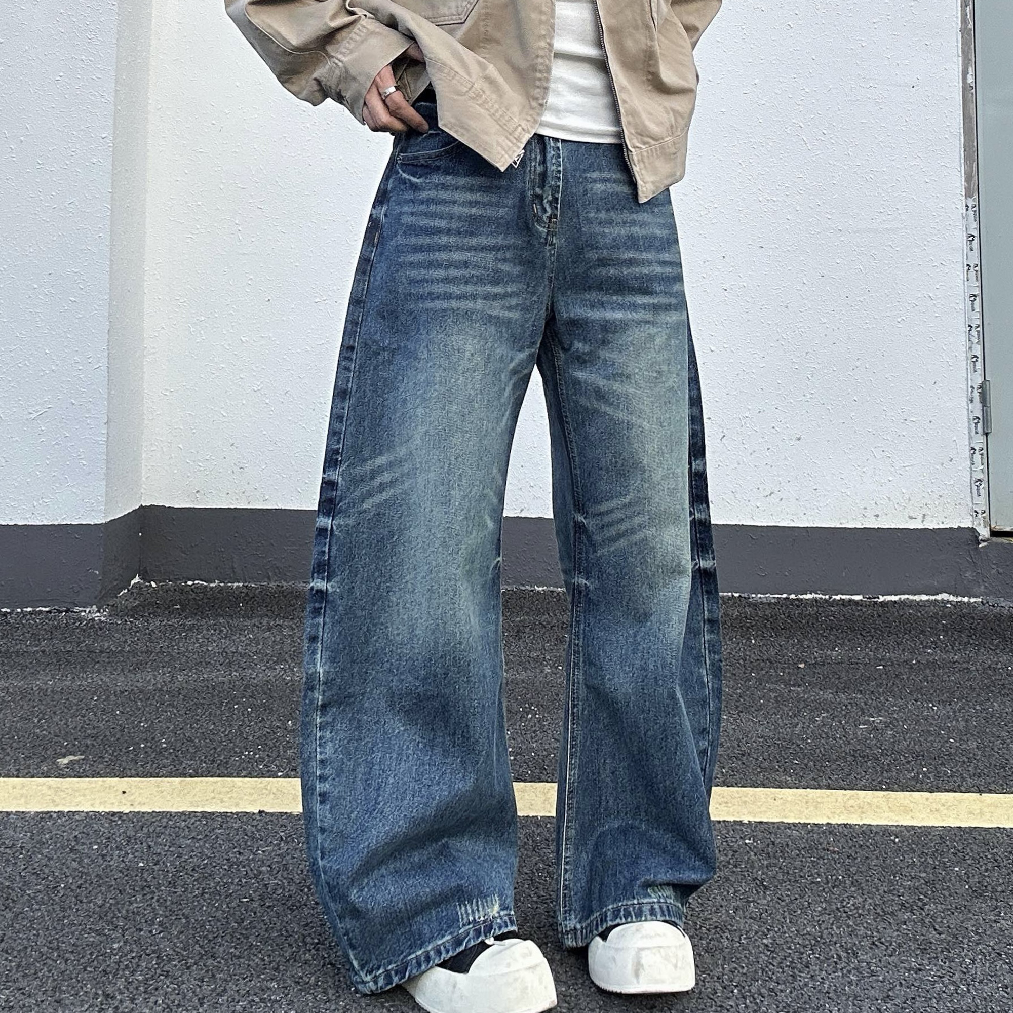 复古水洗做旧弯刀牛仔裤