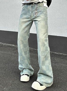 EXTM美式高街复古水洗做旧棋盘格提花珍珠扣微喇牛仔裤喇叭裤男潮