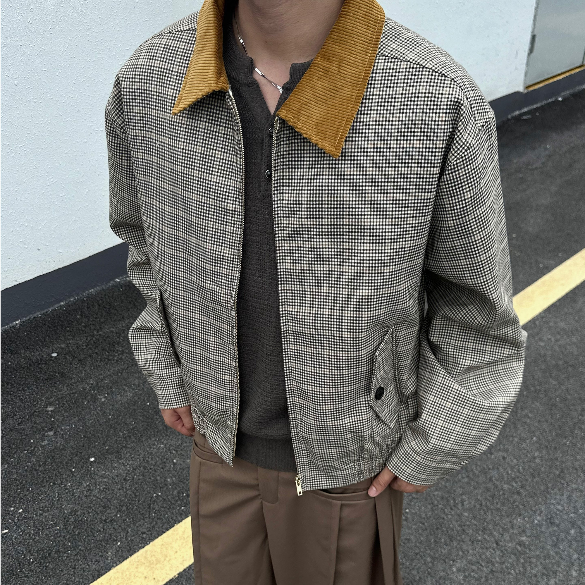 复古千鸟格撞色翻领夹克