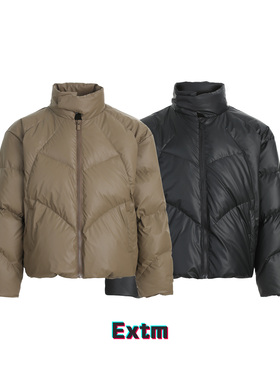 EXTM冬季美式复古PU皮短款立领羽绒服男女款90白鸭绒防寒宽松外套