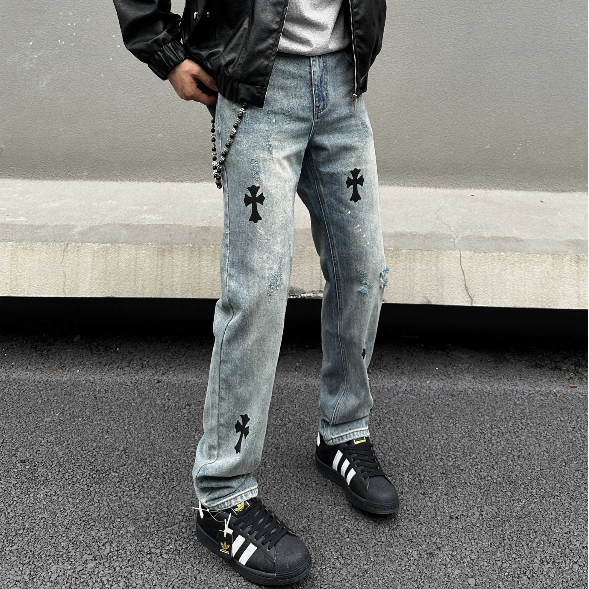EXTM水洗做旧十字架印花牛仔裤