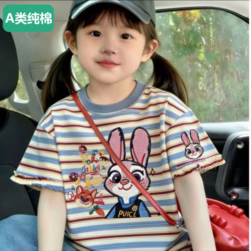 全棉男女童100%纯棉条纹T恤夏季宝宝洋气设计感花边短袖上衣时尚
