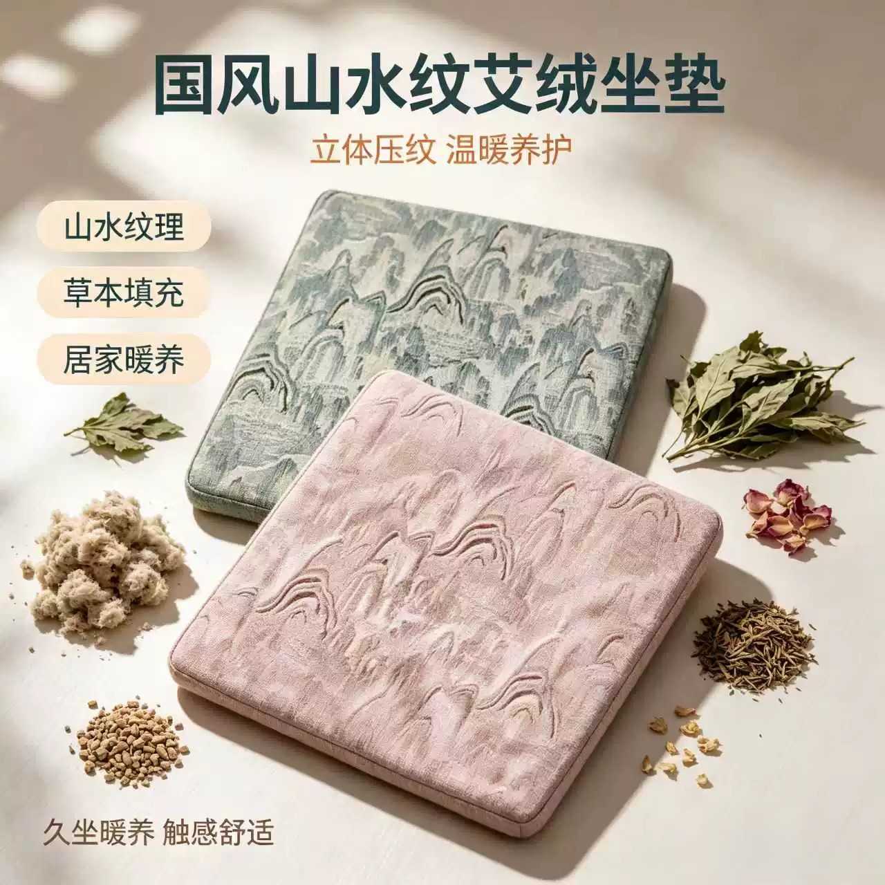 新中式锦缎艾绒防滑养生坐垫DIY