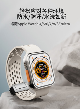 适用apple watchS9ultra洞洞透气硅胶表带iWatch8se34567磁吸腕带
