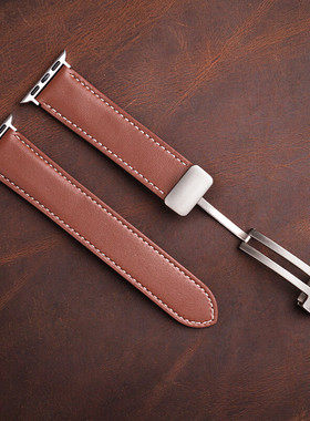 适用iWatchs8/7/6/5/4表带男女appleUltra手表折叠磁吸扣真皮表链