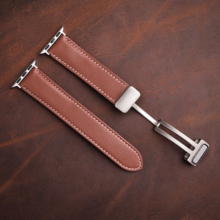 适用iWatchs8/7/6/5/4表带男女appleUltra手表折叠磁吸扣真皮表链