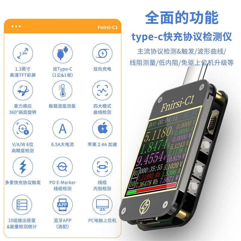 FNIRSI-C1USB测试仪电压电流表Type-cPD/QC快充协议检测诱骗器蓝
