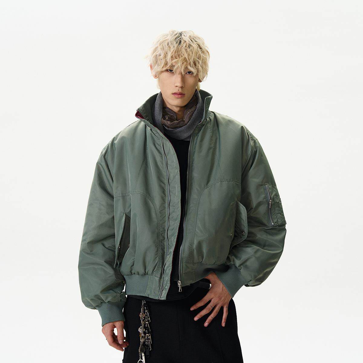 美式高街短款飞行员夹克棉服cleanfit廓形解构立领夹棉外套