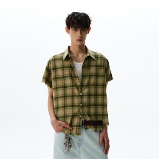 美式覆古cleanfit流苏格子短袖衬衫男女百搭正肩短款上衣夏