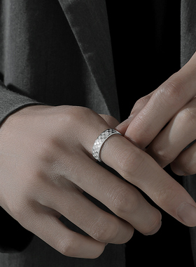 网格银戒指开口食指指环潮男冷淡风可调节简约个性高级感男生配饰