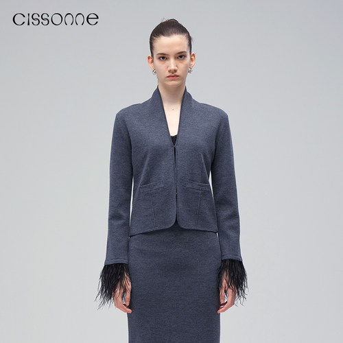 CISSONNE绵羊毛鸵鸟毛立领外套