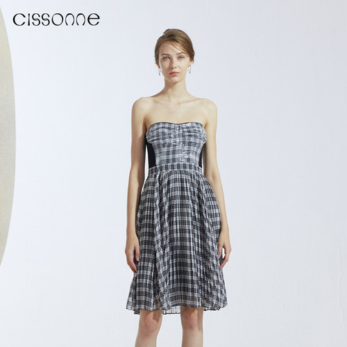 CISSONNE赛颂抹胸黑白格纹连衣裙