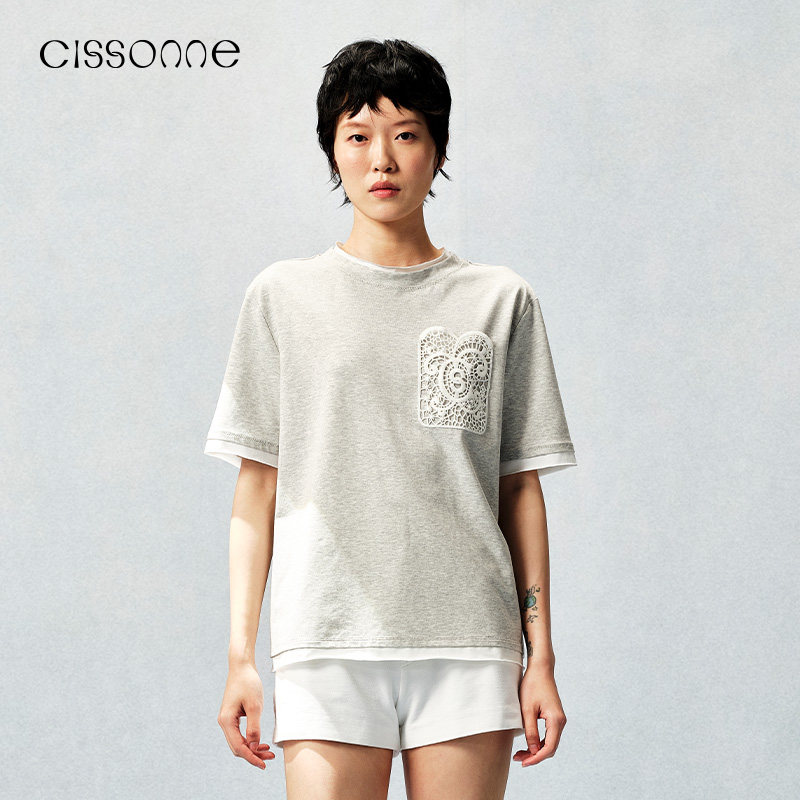 赛颂短袖法式优雅刺绣休闲T恤