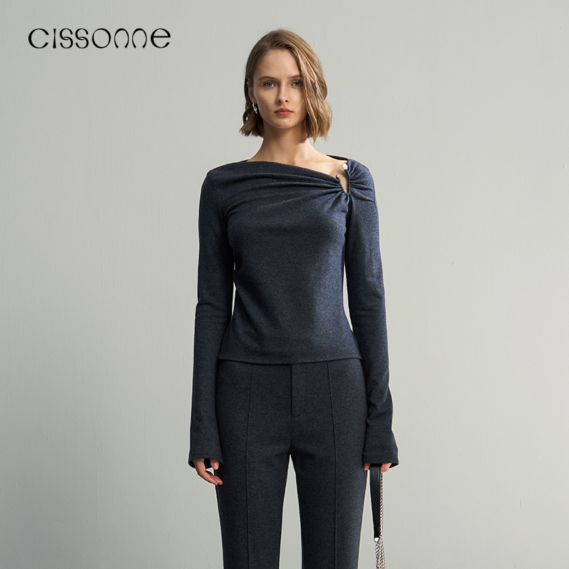 CISSONNE赛颂绵羊毛法式一字肩柔美珍珠单侧肩部镂空修身长袖上衣