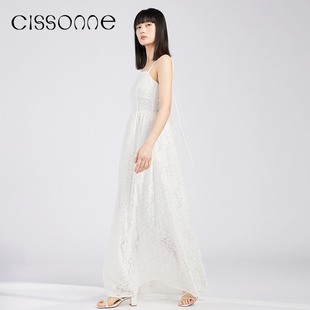 系带蕾丝温柔气质吊带连衣裙 CISSONNE赛颂女白色长款 博主同款