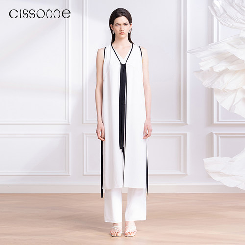 CISSONNE赛颂飘带无袖背心连衣裙
