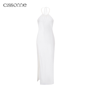 CISSONNE赛颂缎面设计感珍珠链挂脖开衩白色晚礼服裙 明星同款