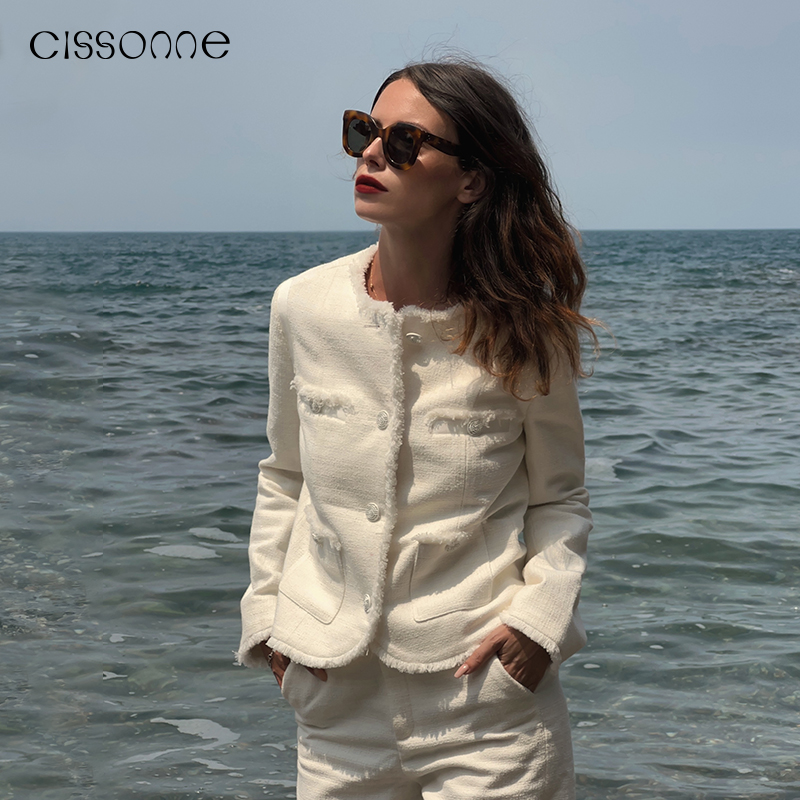 【博主同款】CISSONNE赛颂花呢时髦白色气质小香风外套