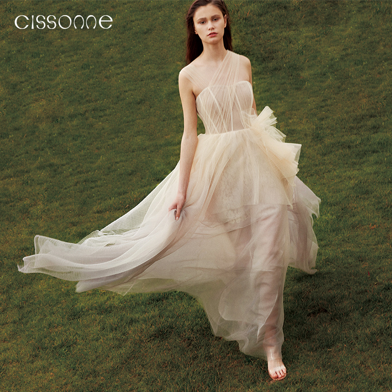 CISSONNE赛颂订婚晚宴网纱优雅气质渐变紫设计感大裙摆礼服裙