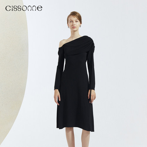 CISSONNE赛颂羊毛斜肩黑色连衣裙