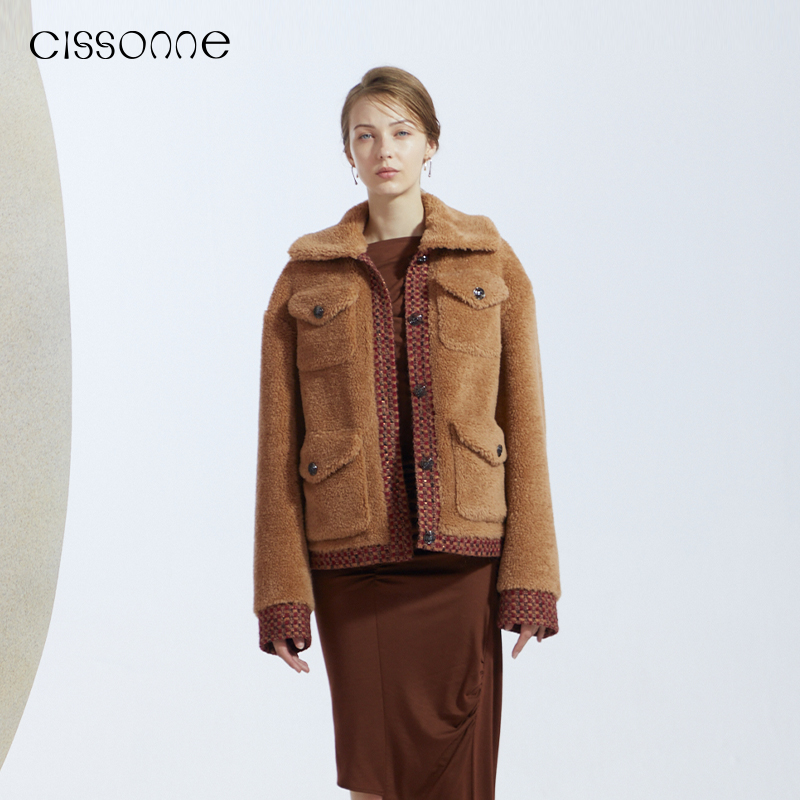 泰迪绒小香花呢拼接皮草外套