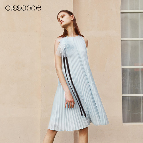 CISSONNE/赛颂无袖驼鸟毛连衣裙