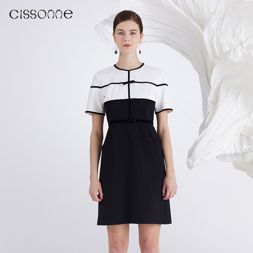 CISSONNE赛颂针织黑白撞色连衣裙