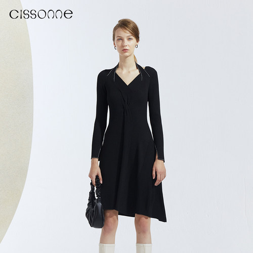 CISSONNE赛颂纯羊毛挂脖扭结设计感黑色针织连衣裙