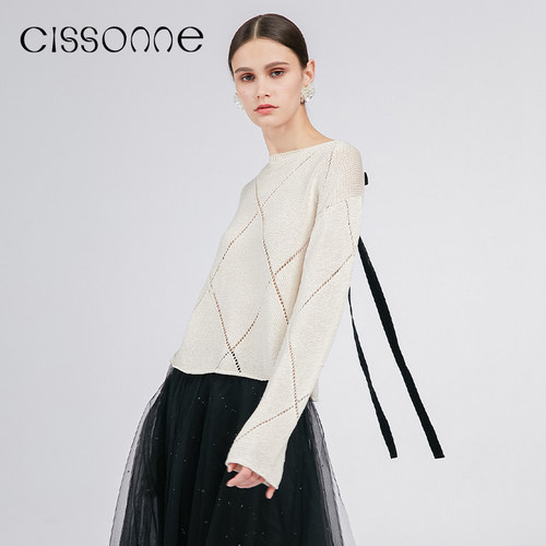 CISSONNE纯棉镂空针织系带上衣
