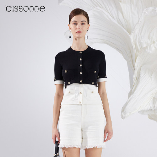 CISSONNE山羊绒黑白拼色针织衫