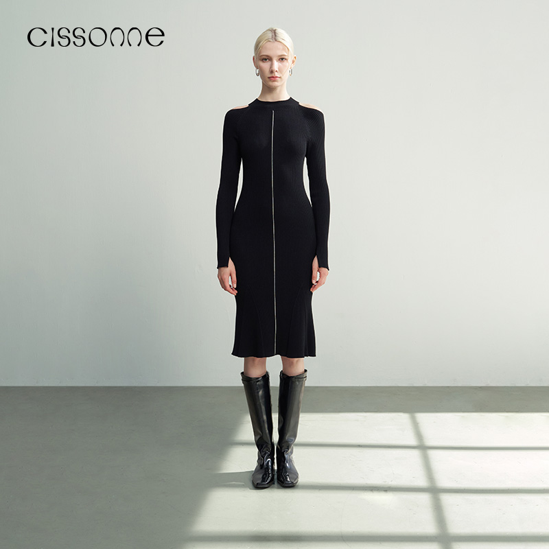 CISSONNE赛颂毛织连衣裙小黑裙