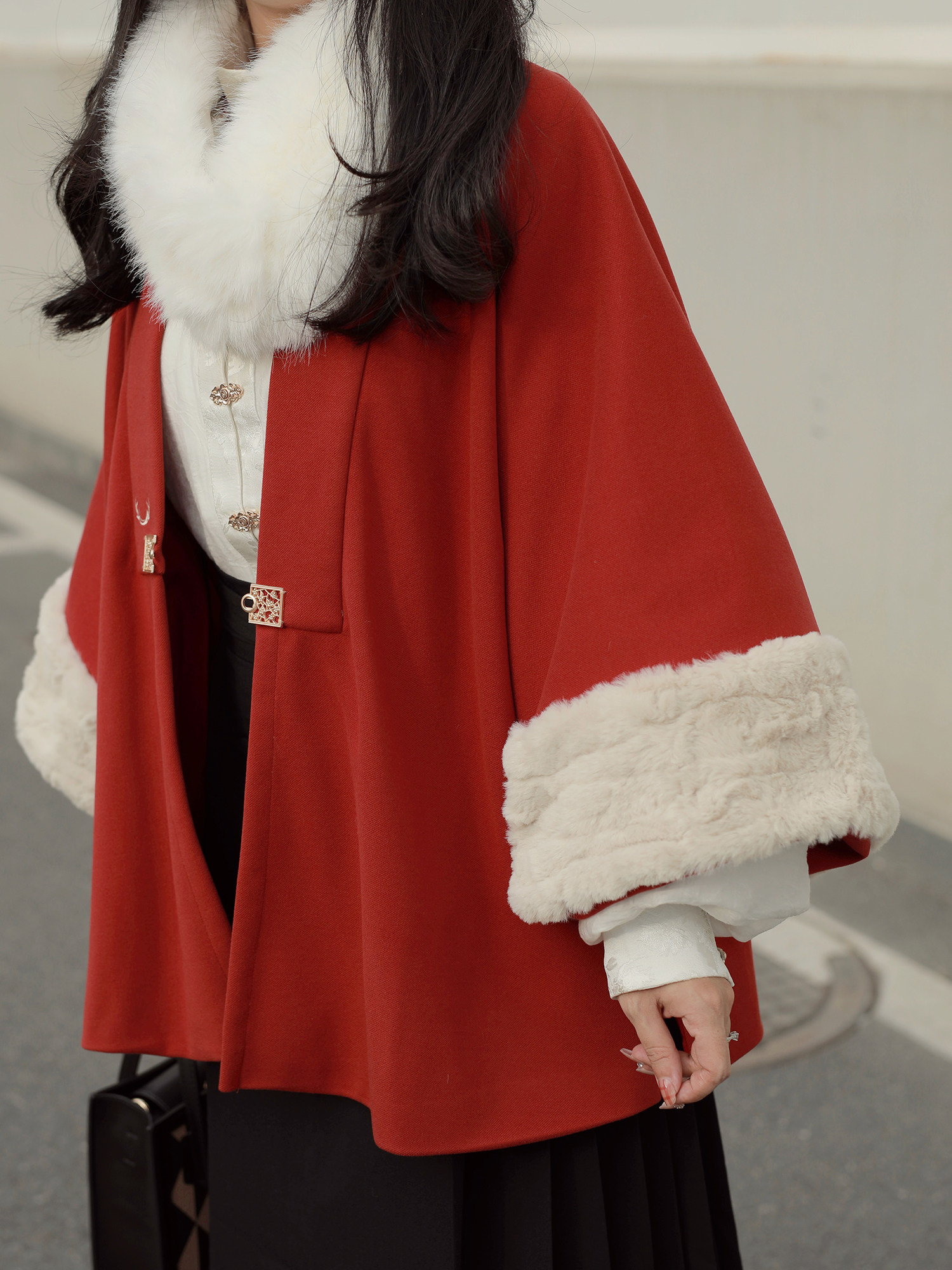 가을 저녁 새벽 LUSHUI HANFU 명나라 중간 길이의 더블 브레스트 코트 빨간색 모직 가을 겨울 코트 새해 전쟁 복장을 따뜻하게 유지