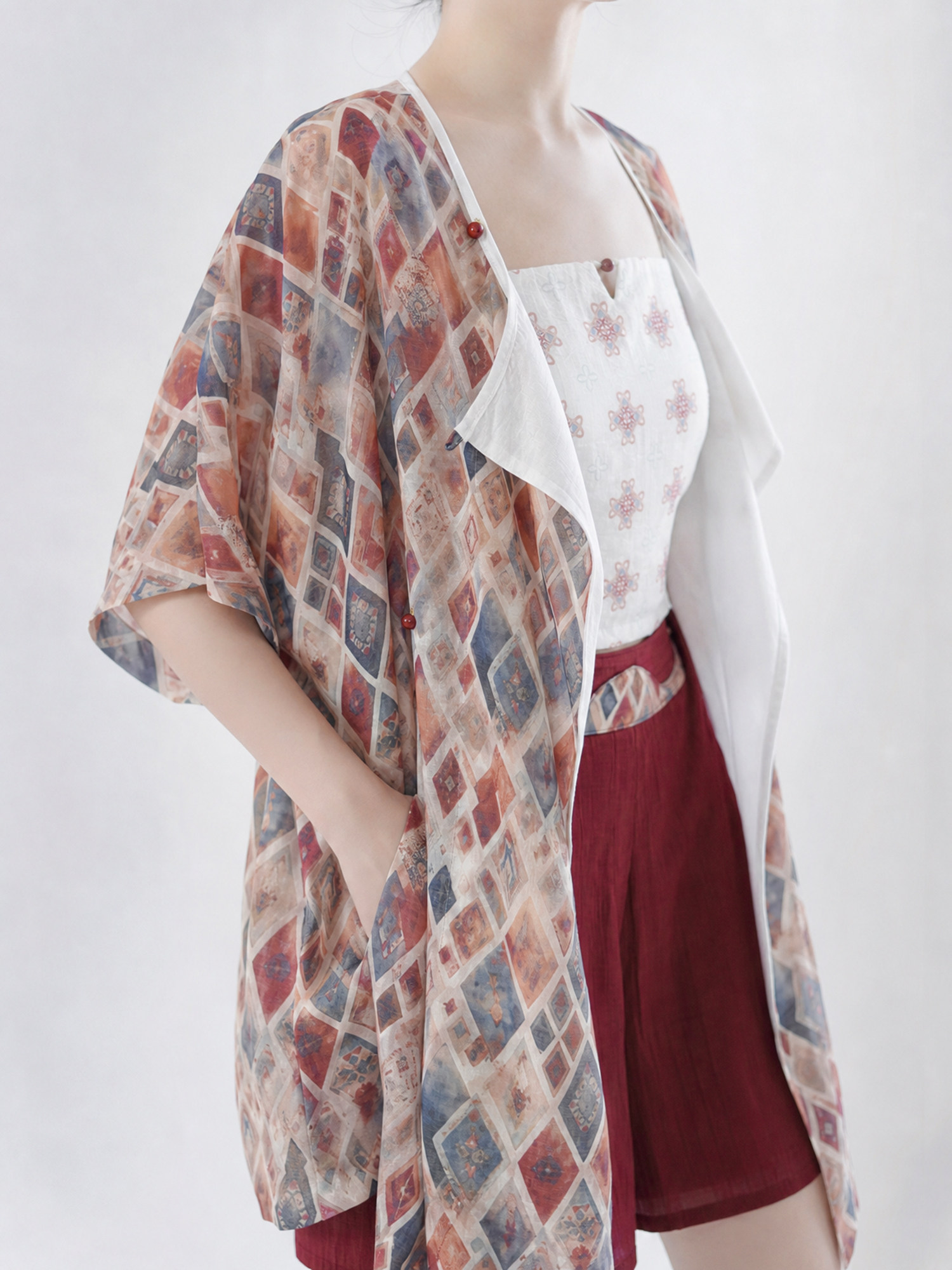 เสื้อคอกลมลายต้นฉบับจาก Xiaolu Shui แขนยาวครึ่งแขน ชุดฮั่นฝูลำลอง ชุดฤดูใบไม้ร่วง เสื้อสไตล์จีน คาร์ดิแกน สายเดี่ยว สำหรับฤดูร้อน ผ้าซาติน
