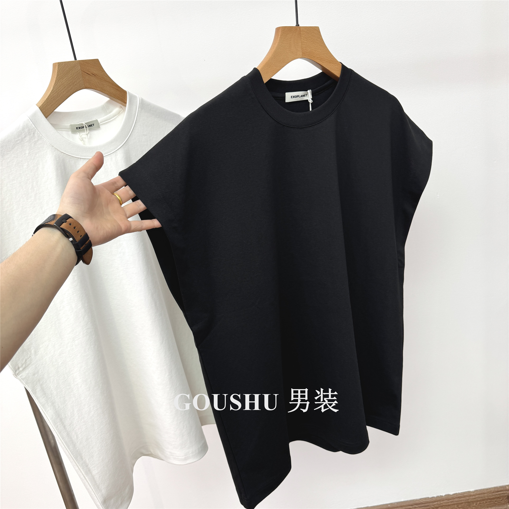 香港设计师款超宽肩柔糯长绒棉美式坎肩背心男士痞帅宽松无袖T恤