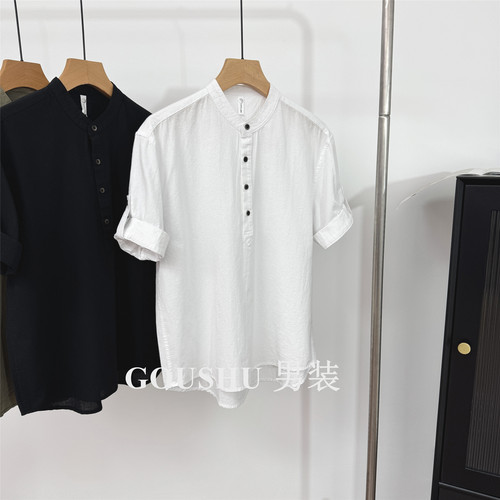 纯棉亨利领衬衫短袖男士夏季五分袖文艺休闲上衣潮流宽松男装衬衣