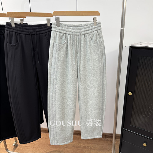 港风休闲侧面拼接加绒加厚针织卫裤男士冬季潮流松紧腰抽绳直筒裤
