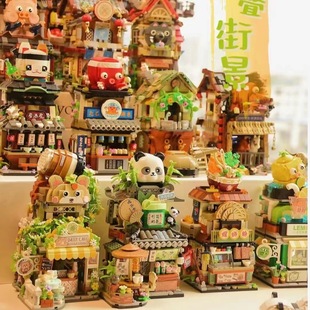 LOZ熊猫茶舍街景模型小颗粒拼装积木房子摆件儿童玩具男女孩礼物