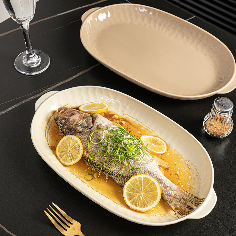 维马仕奶油风双耳12英寸鱼盘釉下