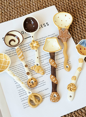 可爱陶瓷小勺子个人专用高颜值长柄汤勺卡通釉下彩汤匙饭勺调羹