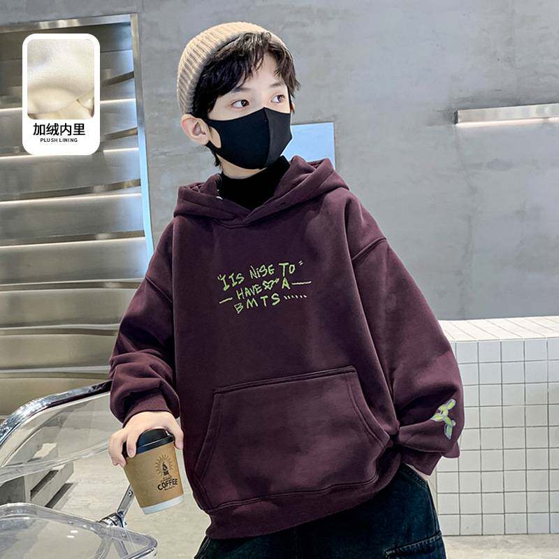 高档品牌男童连帽卫衣秋冬加厚一体绒印花上衣韩版儿童装青少年宽