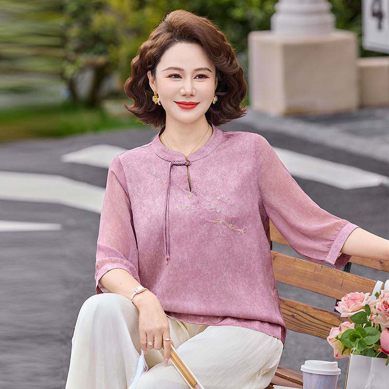 高档品牌新中式妈妈夏装短款中袖雪纺T恤小衫中年气质薄款纱袖衬