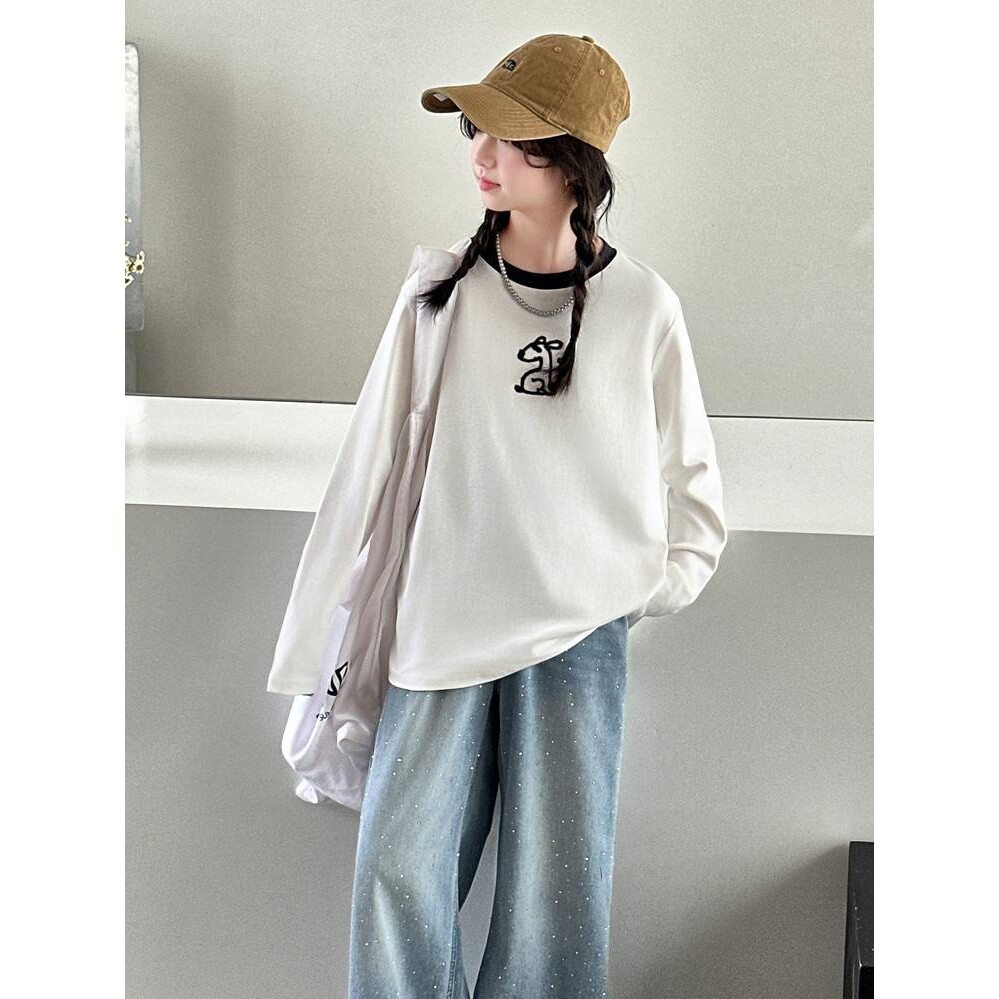 高档品牌女童薄款白色T恤2026新款大长袖初中生女孩打底衫青少年