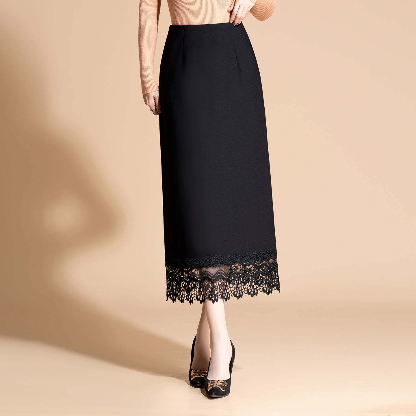 高档品牌黑色蕾丝直筒半身裙女2026春季新款高腰包臀开衩裙中长款