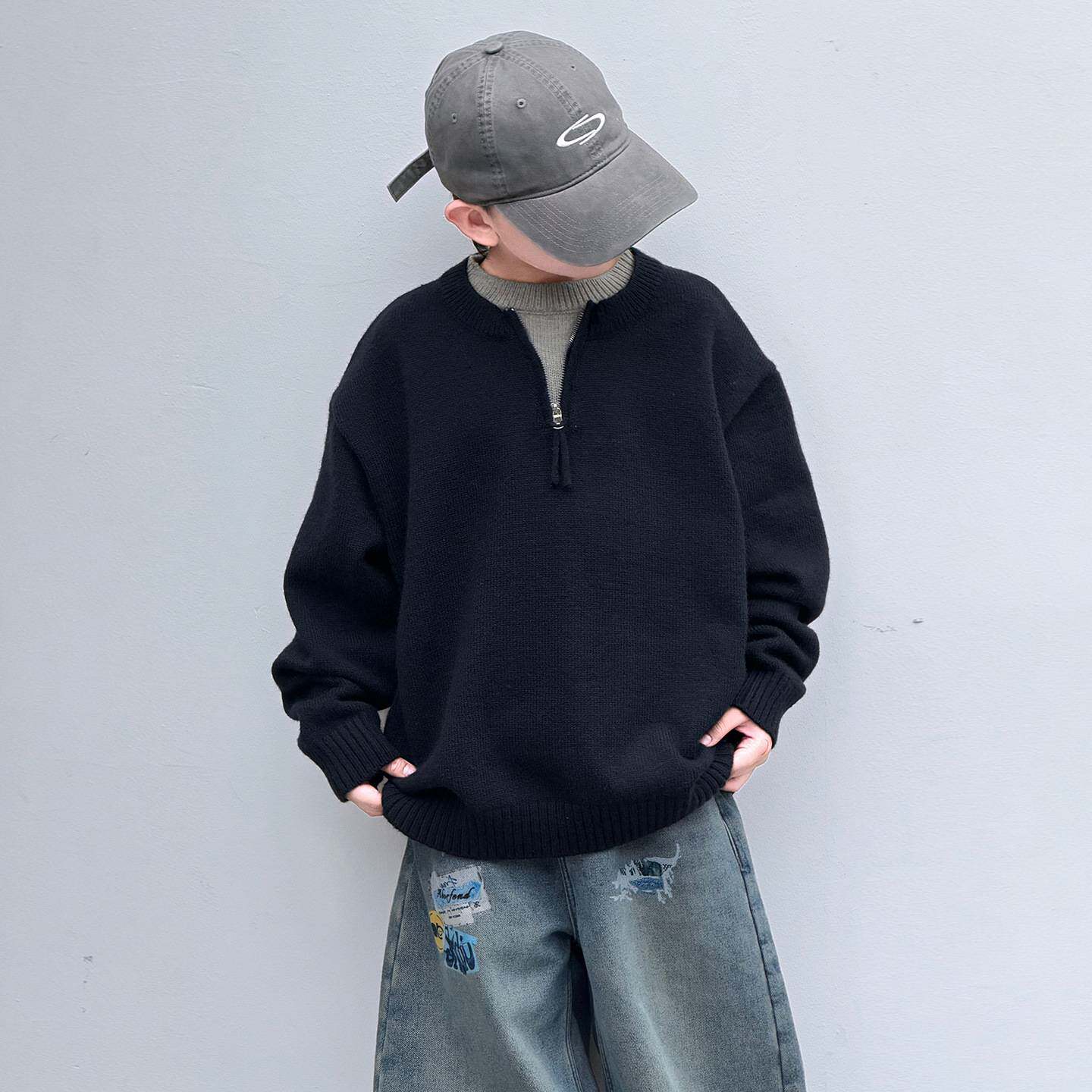 高档品牌男童假两件毛衣时尚秋冬款加厚韩版针织衫男孩潮范休闲宽