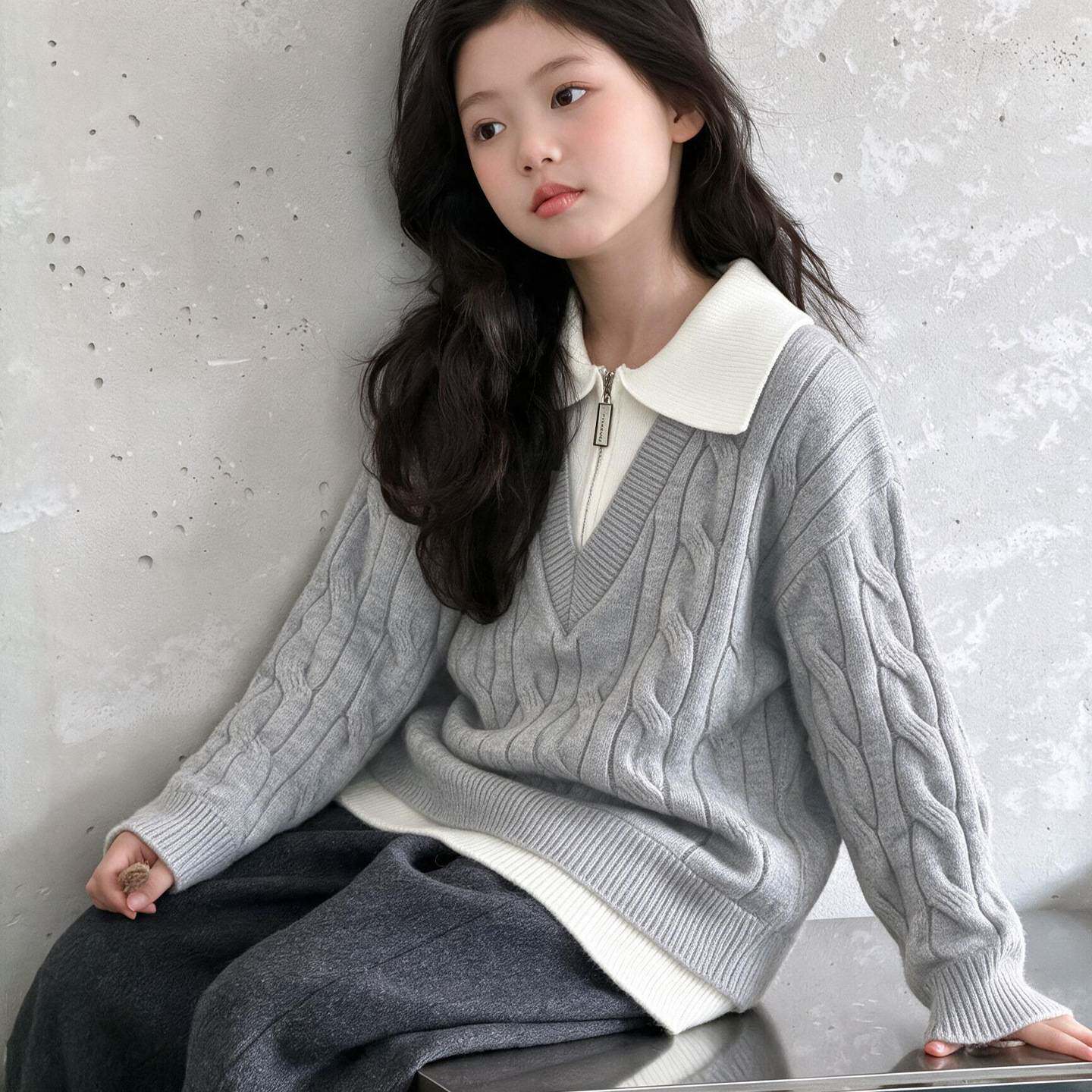 高档品牌女童翻领撞色毛衣时尚拉链套头针织衫中大童秋冬加厚韩系