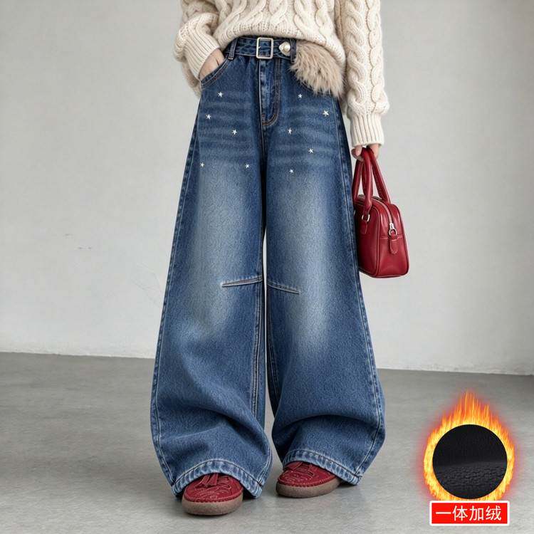 高档品牌织里童装冬季中大女童牛仔裤新款儿童女孩星星绣花加绒加