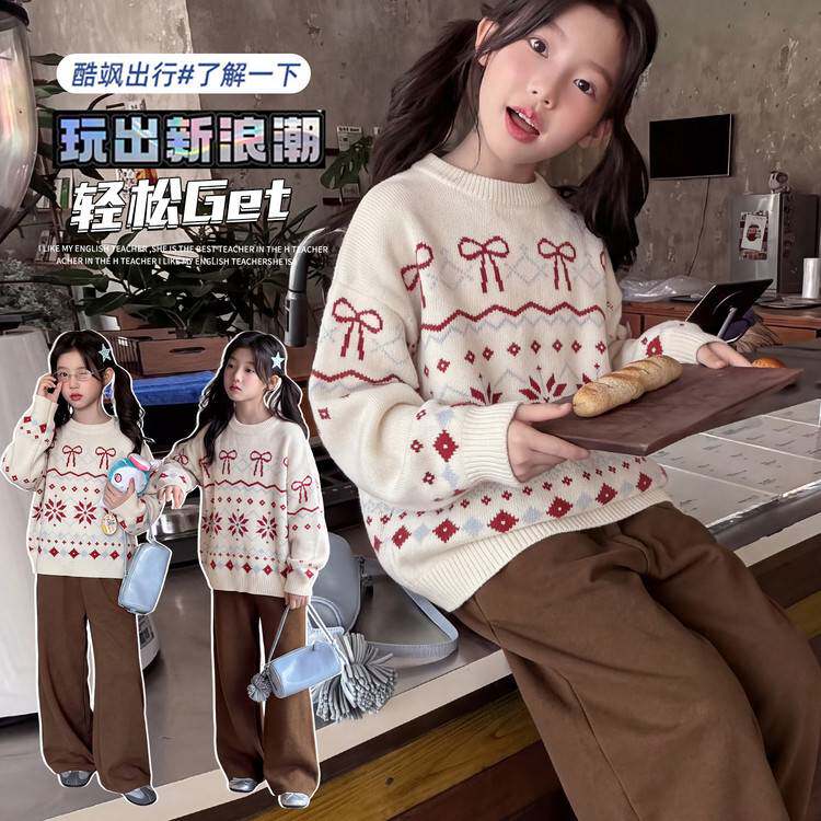 高档品牌女童费尔岛蝴蝶结毛衣2026秋冬新款儿童复古提花针织衫中