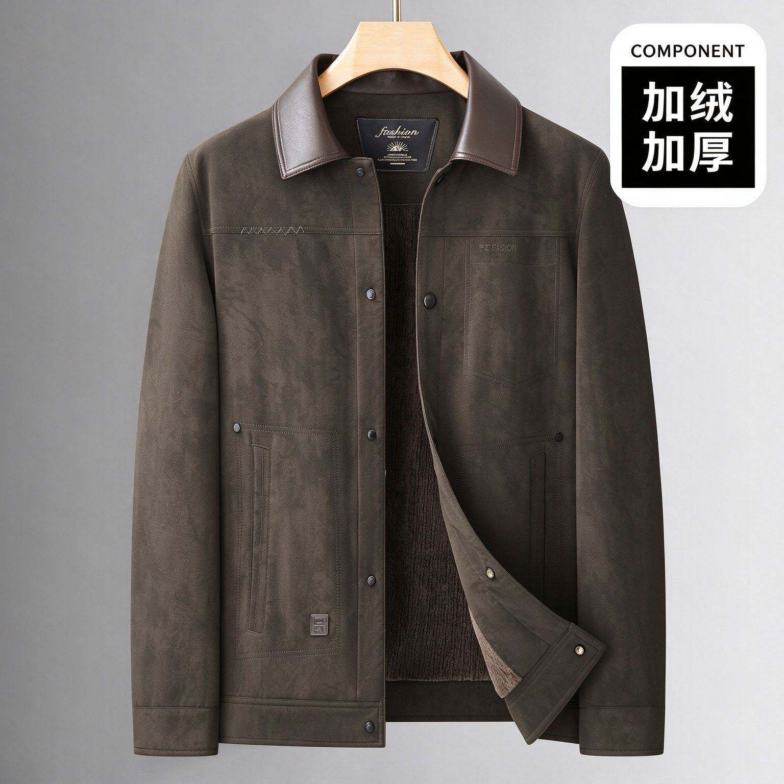 高档品牌胖子哥2026加绒厚款夹克男大码按扣翻领外套时尚休闲冬季
